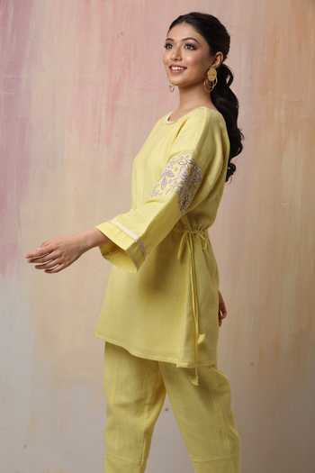 Leela By A_Yellow Jute , Mulmul Floral, Embroidered Sleeve Kurta And Pant Set _Online_at_Aza_Fashions