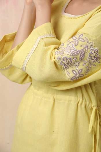 Shop_Leela By A_Yellow Jute , Mulmul Floral, Embroidered Sleeve Kurta And Pant Set _Online_at_Aza_Fashions