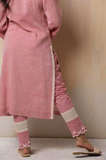 Shop_Leela By A_Pink Jute , Mulmul Floral, Ghungroo Notched Embroidered Kurta Set _Online_at_Aza_Fashions