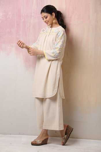 Leela By A_White Jute , Mulmul Floral, Embroidered Sleeve Kurta And Pant Set _Online_at_Aza_Fashions