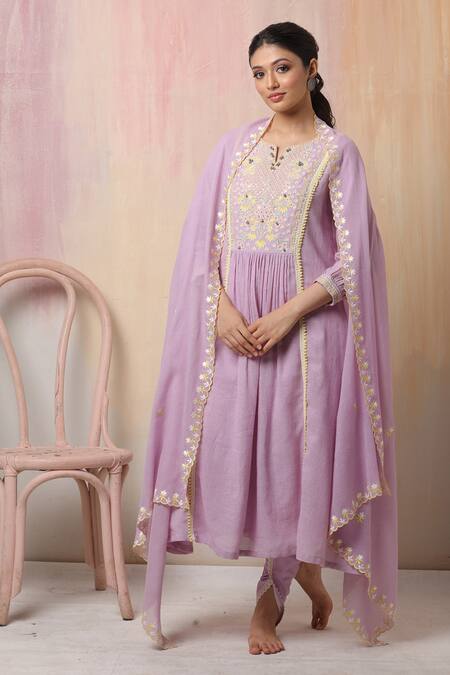 Leela By A Purple Jute , Mulmul Floral, Sequin, Bead, Embroidered Anarkali Set 