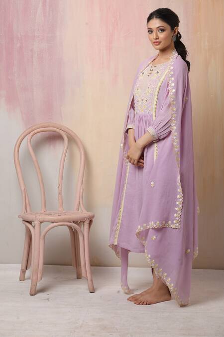 Buy_Leela By A_Purple Jute , Mulmul Floral, Sequin, Bead, Embroidered Anarkali Set _Online_at_Aza_Fashions