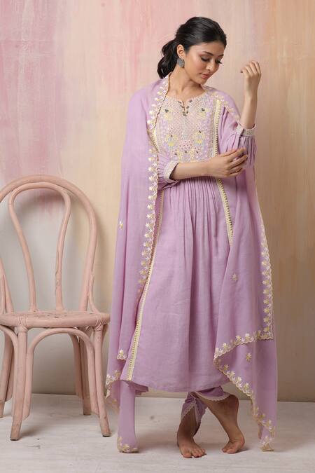 Leela By A_Purple Jute , Mulmul Floral, Sequin, Bead, Embroidered Anarkali Set _at_Aza_Fashions