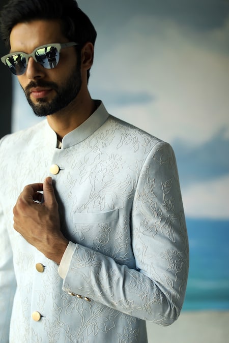 Philocaly Blue 100% Cotton Thread Work Meru Embroidered Achkan Set Online at Aza Fashions Philocaly_Blue 100% Cotton Thread Work Meru Embroidered Achkan Set _Online_at_Aza_Fashions