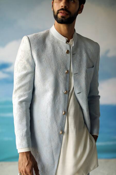 Buy Philocaly Blue 100% Cotton Thread Work Meru Embroidered Achkan Set Online at Aza Fashions Buy_Philocaly_Blue 100% Cotton Thread Work Meru Embroidered Achkan Set _Online_at_Aza_Fashions