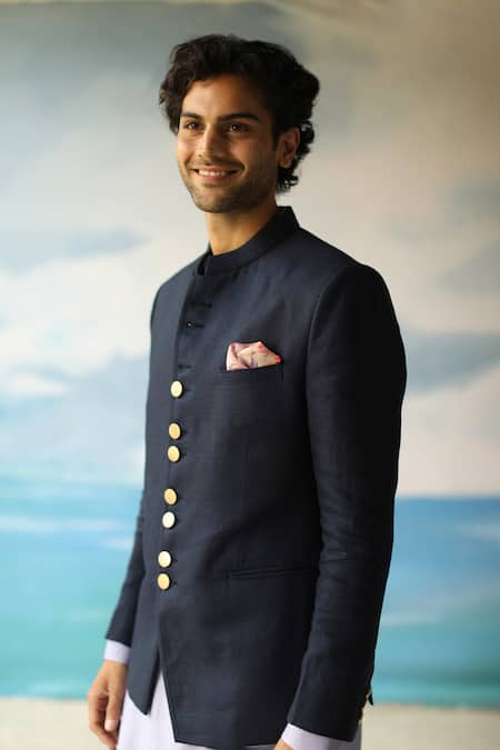 Philocaly Blue 100% Linen Nakuru Bandhgala Online at Aza Fashions Philocaly_Blue 100% Linen Nakuru Bandhgala _Online_at_Aza_Fashions