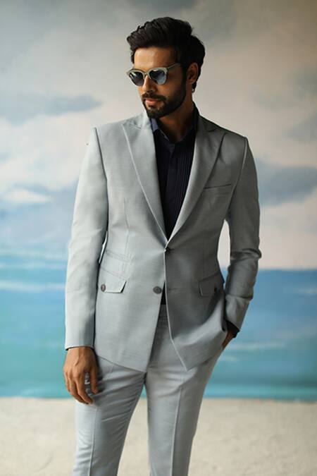 Shop_Philocaly_Blue 100% Wool, Italian Made Fabric Mist Blazer_at_Aza_Fashions