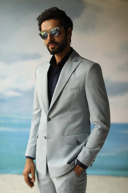 Philocaly_Blue 100% Wool, Italian Made Fabric Mist Blazer_Online_at_Aza_Fashions