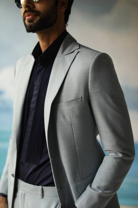 Buy_Philocaly_Blue 100% Wool, Italian Made Fabric Mist Blazer_Online_at_Aza_Fashions