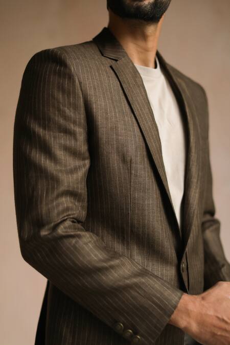 Philocaly_Brown 100% Linen Cardiff Pinstriped Blazer_Online_at_Aza_Fashions