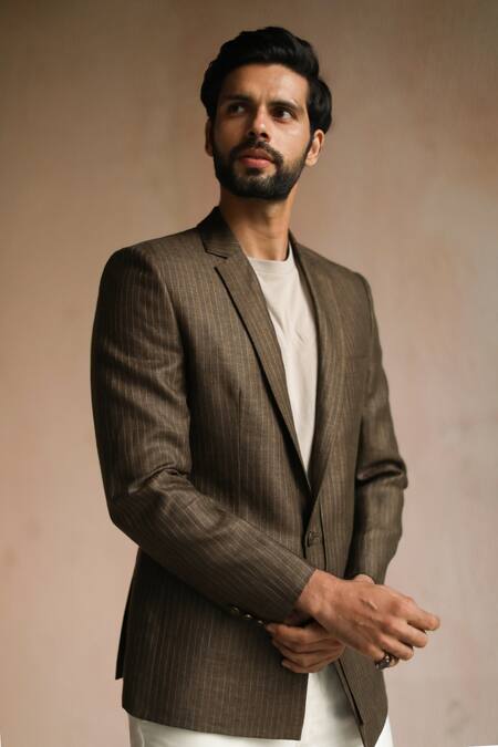 Buy_Philocaly_Brown 100% Linen Cardiff Pinstriped Blazer_Online_at_Aza_Fashions