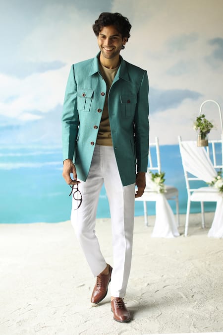 Buy Green 100 Linen Firenze Shacket Blazer For Men by Philocaly