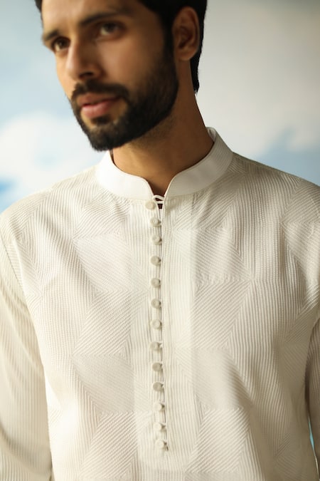 Philocaly_White 50% Cotton, 50% Silk Thread Work Milkyway Embroidered Kurta _Online_at_Aza_Fashions