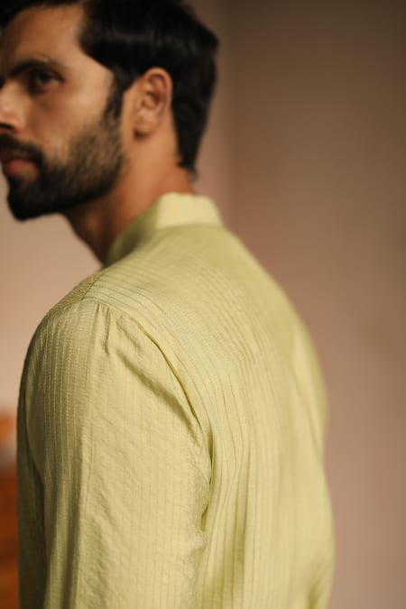 Shop_Philocaly_Green 100% Silk Thread Work Saga Pintuck Kurta_Online_at_Aza_Fashions