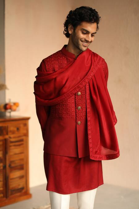 Buy Philocaly Red 100% Wool Thread Work Pompously Embroidered Bundi Online at Aza Fashions Buy_Philocaly_Red 100% Wool Thread Work Pompously Embroidered Bundi _Online_at_Aza_Fashions