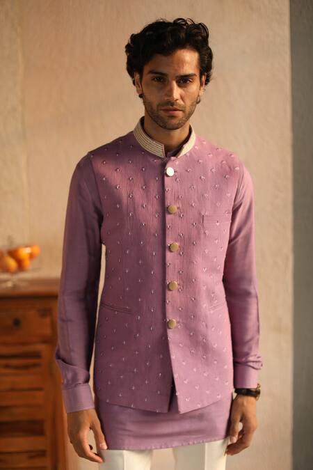 Buy_Philocaly_Purple 100% Cotton Thread Work Opality Embroidered Bundi And Kurta Set_Online_at_Aza_Fashions