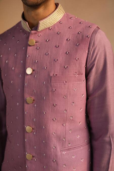 Shop_Philocaly_Purple 100% Cotton Thread Work Opality Embroidered Bundi And Kurta Set_Online_at_Aza_Fashions