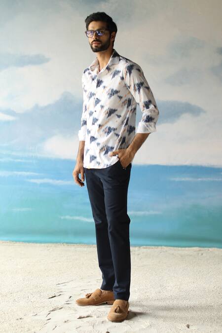 Shop Philocaly Blue 100% Linen Abstract Print Paros Shirt at Aza Fashions Shop_Philocaly_Blue 100% Linen Abstract Print Paros Shirt_at_Aza_Fashions