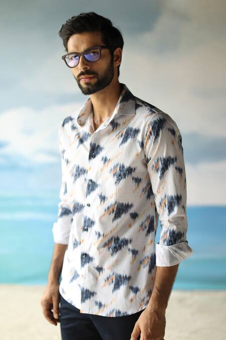 Philocaly Blue 100% Linen Abstract Print Paros Shirt Online at Aza Fashions Philocaly_Blue 100% Linen Abstract Print Paros Shirt_Online_at_Aza_Fashions