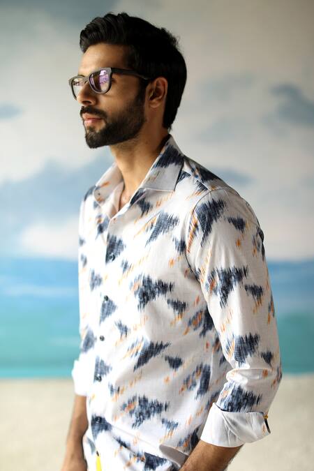 Buy Philocaly Blue 100% Linen Abstract Print Paros Shirt Online at Aza Fashions Buy_Philocaly_Blue 100% Linen Abstract Print Paros Shirt_Online_at_Aza_Fashions