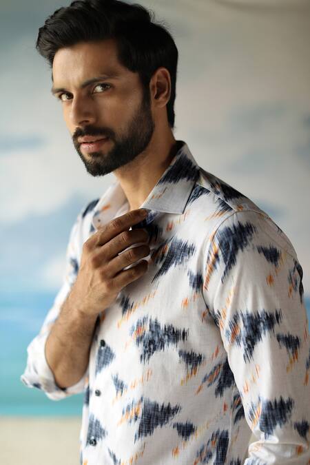 Shop Philocaly Blue 100% Linen Abstract Print Paros Shirt Online at Aza Fashions Shop_Philocaly_Blue 100% Linen Abstract Print Paros Shirt_Online_at_Aza_Fashions