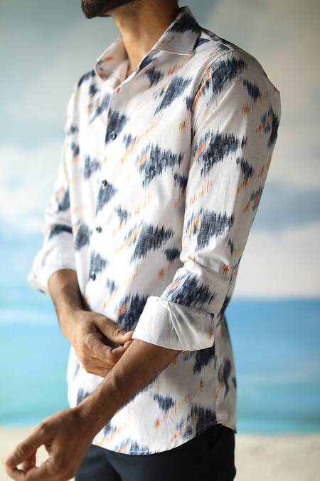 Philocaly Blue 100% Linen Abstract Print Paros Shirt at Aza Fashions Philocaly_Blue 100% Linen Abstract Print Paros Shirt_at_Aza_Fashions