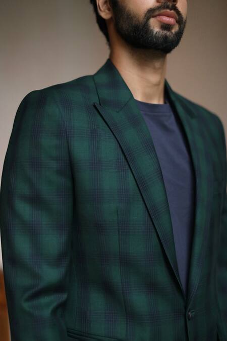 Buy_Philocaly_Green 100% Perennial Wool Checkered Chris Blazer And Pant Set_Online_at_Aza_Fashions