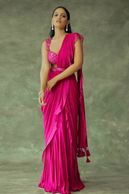 Pink Sequin Organza Ruffle Saree