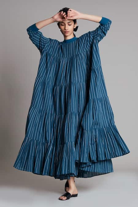 MATI Blue Cotton Round Neck Vena Striped Tent Dress Online at Aza Fashions MATI_Blue Cotton Round Neck Vena Striped Tent Dress_Online_at_Aza_Fashions
