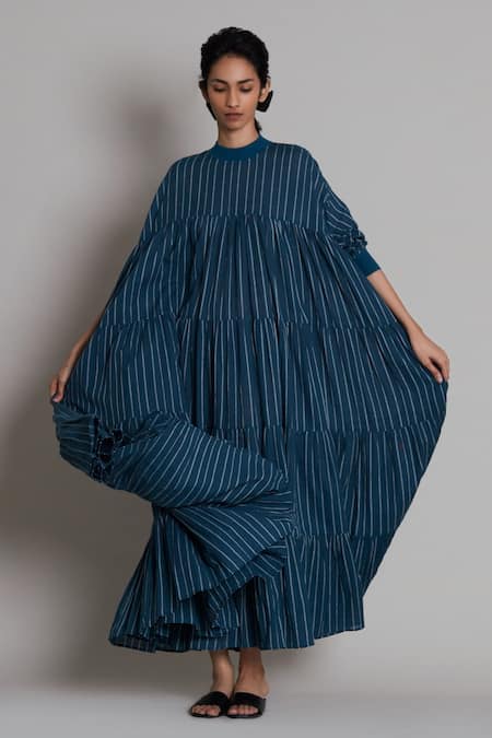 Buy MATI Blue Cotton Round Neck Vena Striped Tent Dress Online at Aza Fashions Buy_MATI_Blue Cotton Round Neck Vena Striped Tent Dress_Online_at_Aza_Fashions