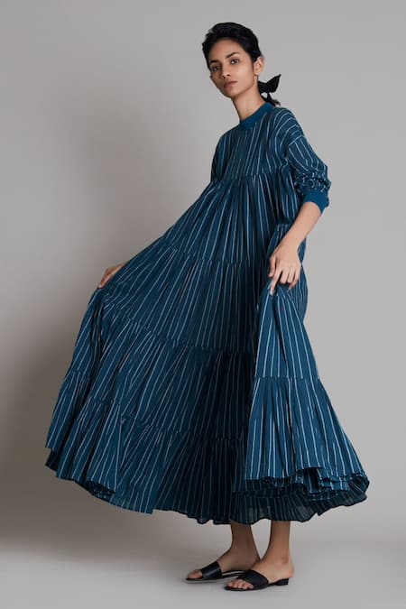 Shop MATI Blue Cotton Round Neck Vena Striped Tent Dress Online at Aza Fashions Shop_MATI_Blue Cotton Round Neck Vena Striped Tent Dress_Online_at_Aza_Fashions