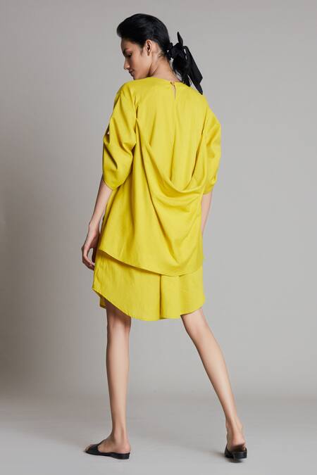 Shop_Mati_Yellow Cotton High Neck Back Cowl Draped Dress _at_Aza_Fashions
