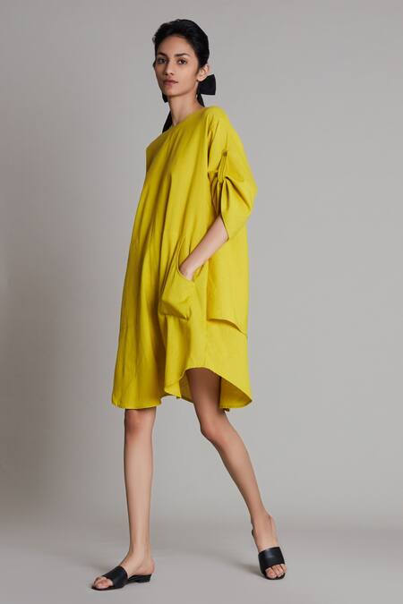 Buy_Mati_Yellow Cotton High Neck Back Cowl Draped Dress _Online_at_Aza_Fashions