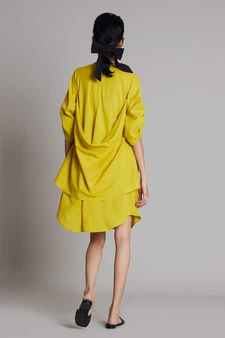 Shop_Mati_Yellow Cotton High Neck Back Cowl Draped Dress _Online_at_Aza_Fashions