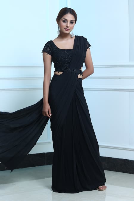 Sangeeta Swati_Black Net, Viscose Crepe Crystal, Pre-draped Saree With Embroidered Blouse _Online_at_Aza_Fashions