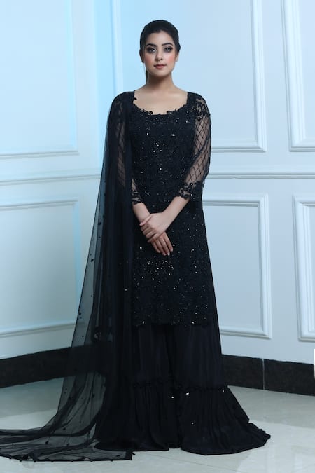 Sangeeta Swati Black Viscose Crepe Embroidered Cutdana Round Kurta Gharara Set 