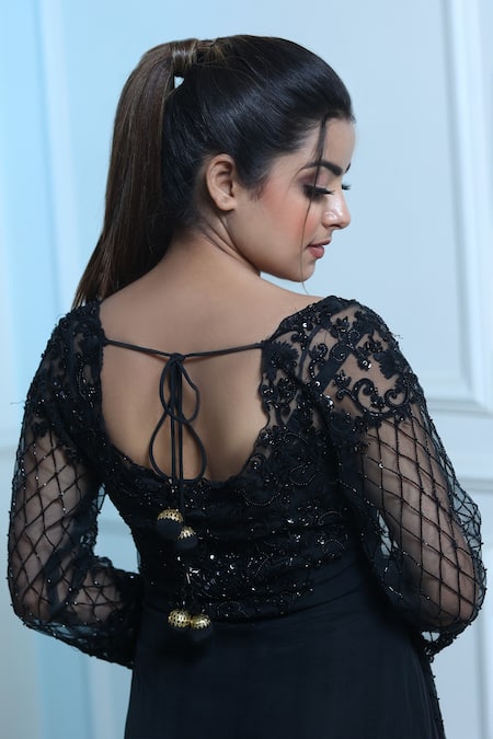 Shop_Sangeeta Swati_Black Net, Viscose Crepe Crystal, Cutdana, Floral, Embroidered Kurta Gharara Set _at_Aza_Fashions