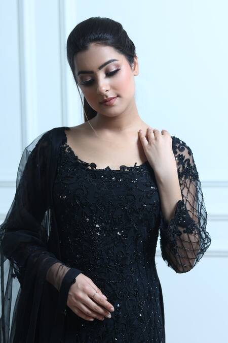 Sangeeta Swati_Black Net, Viscose Crepe Crystal, Cutdana, Floral, Embroidered Kurta Gharara Set _Online_at_Aza_Fashions