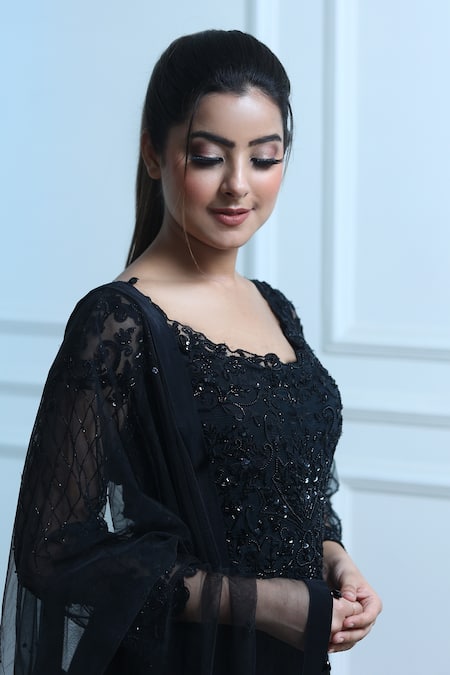 Buy_Sangeeta Swati_Black Net, Viscose Crepe Crystal, Cutdana, Floral, Embroidered Kurta Gharara Set _Online_at_Aza_Fashions