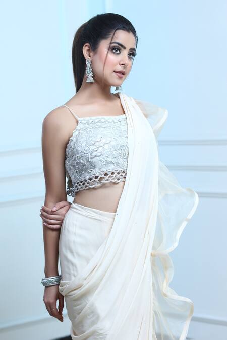 Shop_Sangeeta Swati_White Net, Viscose Crepe Crystal, Floral, Pre-draped Ruffle Saree With Blouse _at_Aza_Fashions