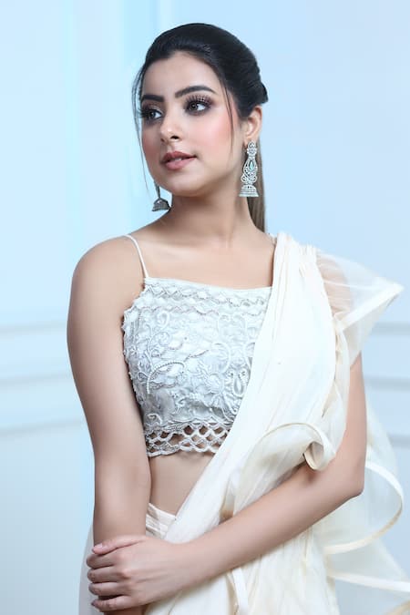 Sangeeta Swati_White Net, Viscose Crepe Crystal, Floral, Pre-draped Ruffle Saree With Blouse _Online_at_Aza_Fashions