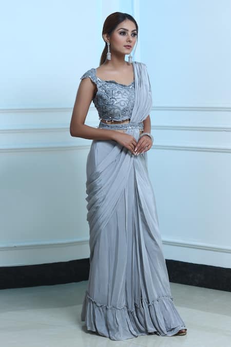 Shop_Sangeeta Swati_Grey Net, Viscose Crepe Crystal, Pre-draped Saree With Embroidered Blouse _at_Aza_Fashions