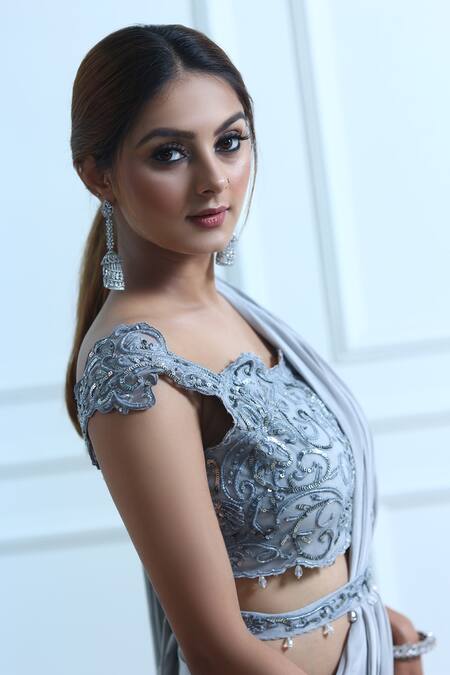 Shop_Sangeeta Swati_Grey Net, Viscose Crepe Crystal, Pre-draped Saree With Embroidered Blouse _Online_at_Aza_Fashions