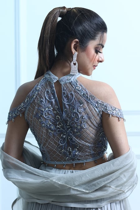 Shop_Sangeeta Swati_Grey Viscose Crepe Embroidered Sequin Halter Neck Pleated Lehenga Set _at_Aza_Fashions