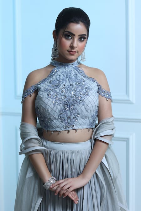 Buy_Sangeeta Swati_Grey Viscose Crepe Embroidered Sequin Halter Neck Pleated Lehenga Set _Online_at_Aza_Fashions