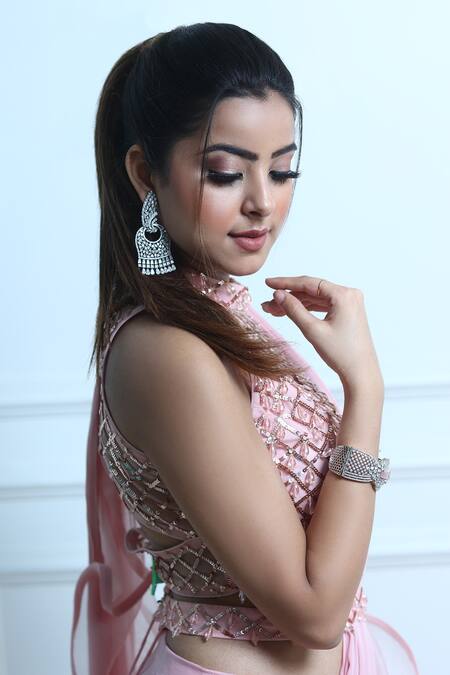 Sangeeta Swati_Pink Net, Viscose Crepe Crystal, Geometric, Pre-draped Ruffle Saree With Blouse _Online_at_Aza_Fashions
