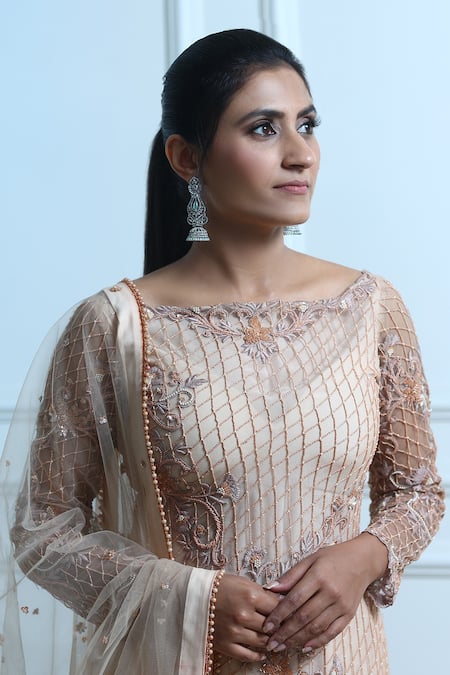 Shop_Sangeeta Swati_Pink Net, Viscose Crepe Crystal, Cutdana, Floral, Embroidered Kurta Gharara Set _at_Aza_Fashions