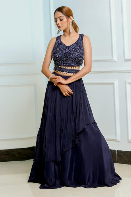 Shop_Sangeeta Swati_Blue Net, Viscose Crepe Crystal, Cutdana, Lehenga With Embroidered Blouse _at_Aza_Fashions