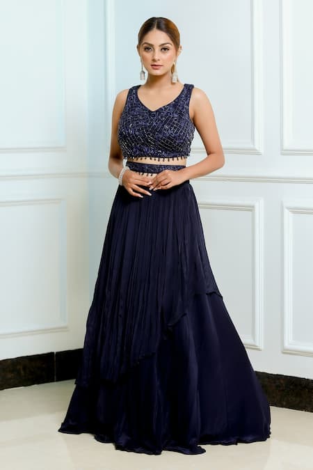 Sangeeta Swati_Blue Net, Viscose Crepe Crystal, Cutdana, Lehenga With Embroidered Blouse _Online_at_Aza_Fashions