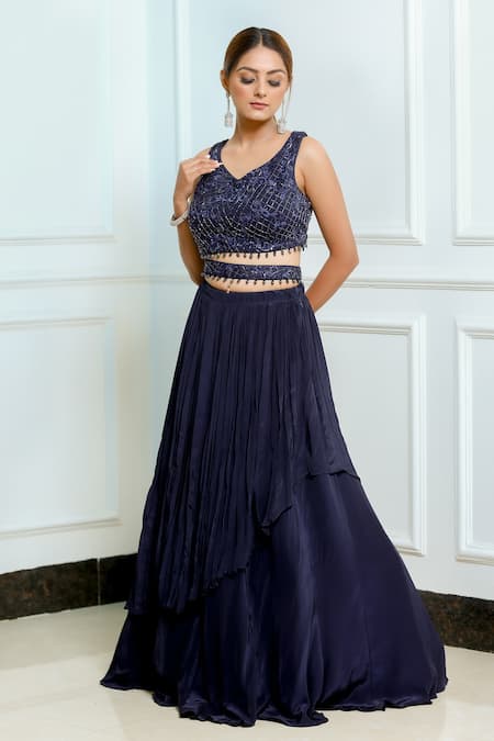 Buy_Sangeeta Swati_Blue Net, Viscose Crepe Crystal, Cutdana, Lehenga With Embroidered Blouse _Online_at_Aza_Fashions